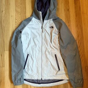 The North Face Gray and White and Purple Hooded Rain Jacket